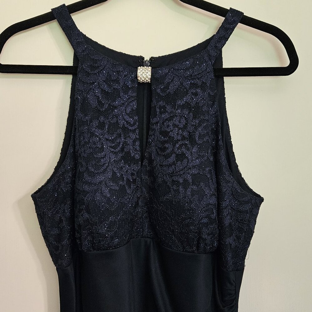 Navy Women's Long Maxi Halter Dress Sheer Matte Jersey With Lace Gown Size 12 - Picture 3 of 9